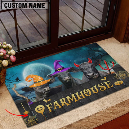 Farm House Door Mat, Black Angus Farmhouse Halloween Custom Name Doormat, Custom Welcome Mats
