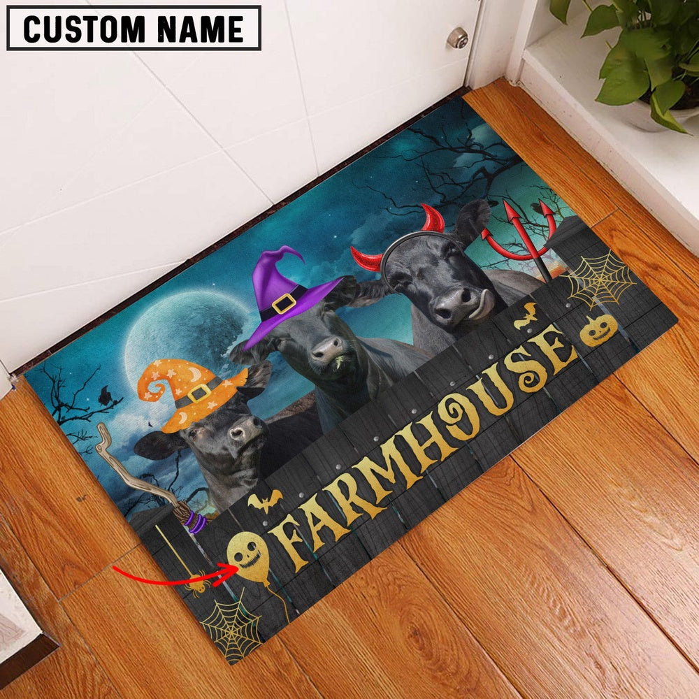 Farm House Door Mat, Black Angus Farmhouse Halloween Custom Name Doormat, Custom Welcome Mats