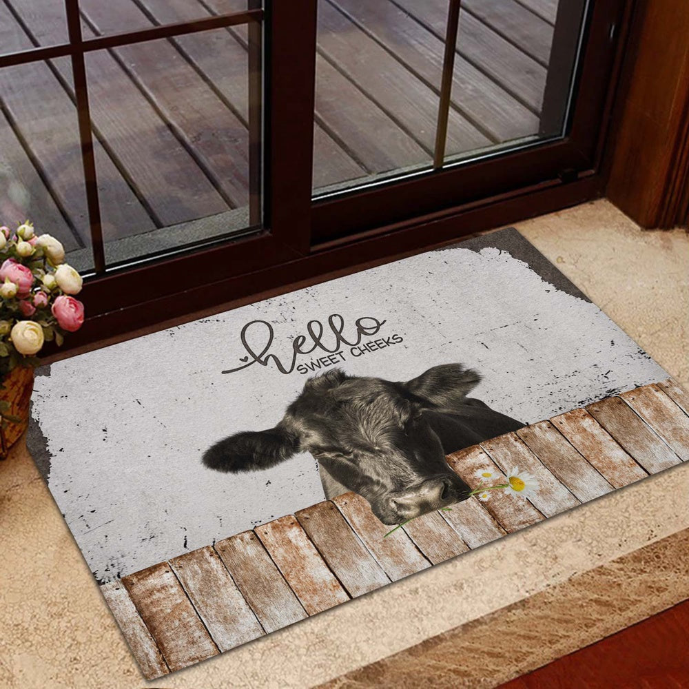 Farm House Door Mat, Black Angus Hello Sweet Checks Doormat, Custom Welcome Mats
