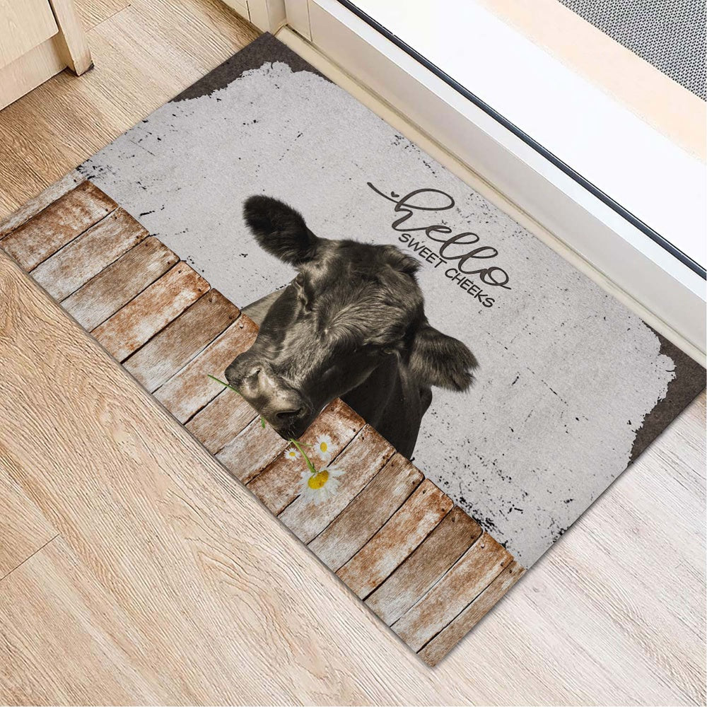 Farm House Door Mat, Black Angus Hello Sweet Checks Doormat, Custom Welcome Mats