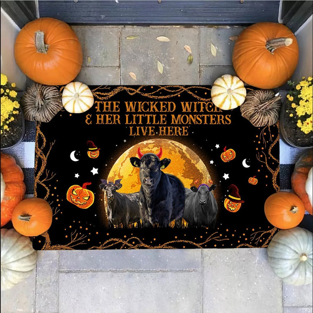 Farm House Door Mat, Black Angus The Wicked Witch And Her Little Monsters Live Here Doormat, Custom Welcome Mats