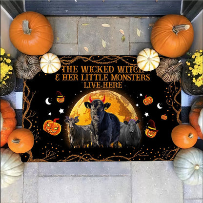 Farm House Door Mat, Black Angus The Wicked Witch And Her Little Monsters Live Here Doormat, Custom Welcome Mats