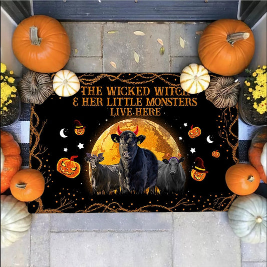 Farm House Door Mat, Black Angus The Wicked Witch And Her Little Monsters Live Here Doormat, Custom Welcome Mats