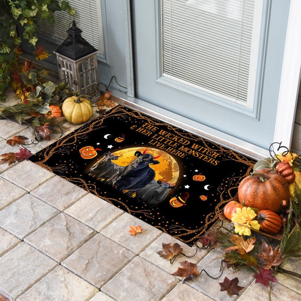 Farm House Door Mat, Black Angus The Wicked Witch And Her Little Monsters Live Here Doormat, Custom Welcome Mats