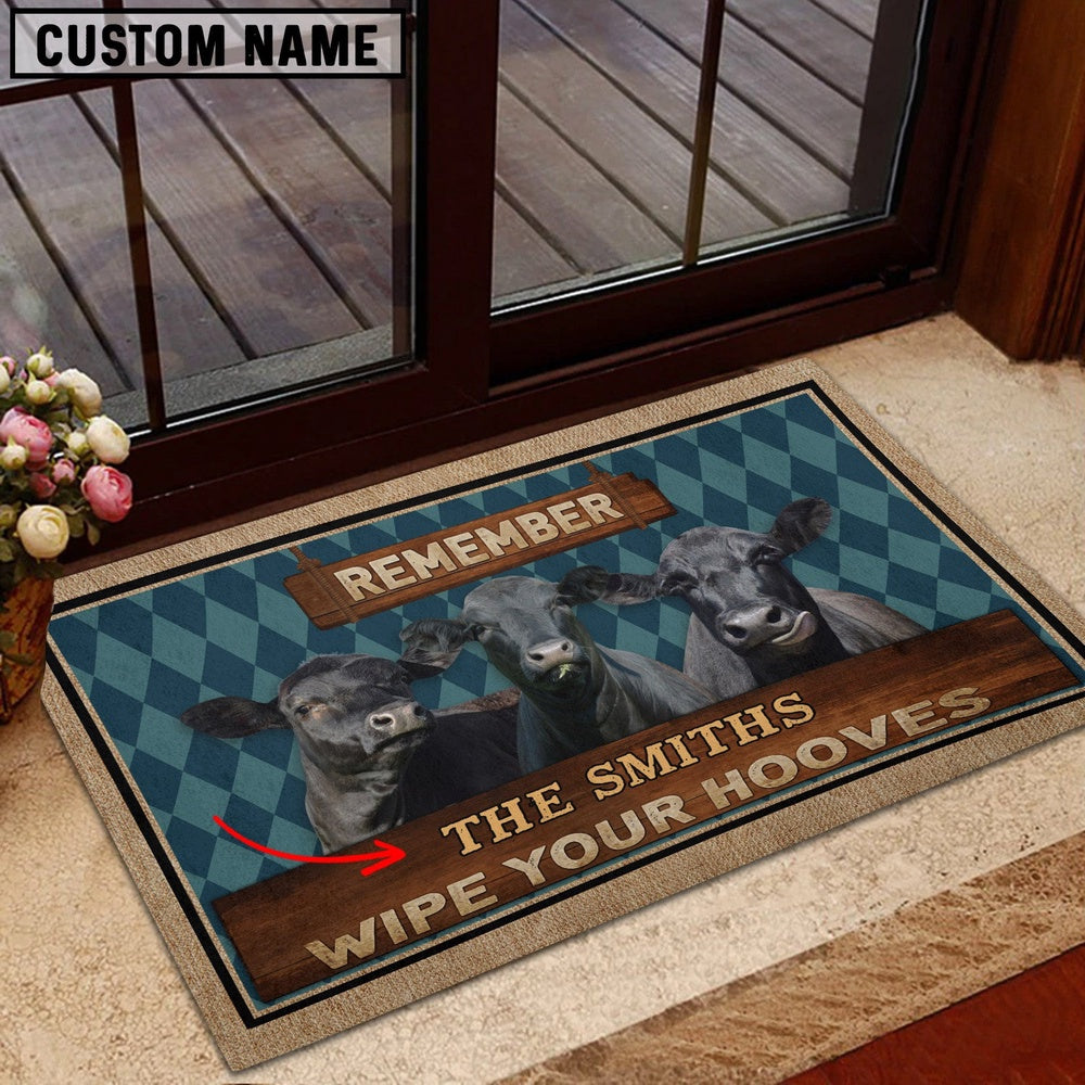 Farm House Door Mat, Black Angus Wipe Your Hooves Custom Name Doormat, Custom Welcome Mats