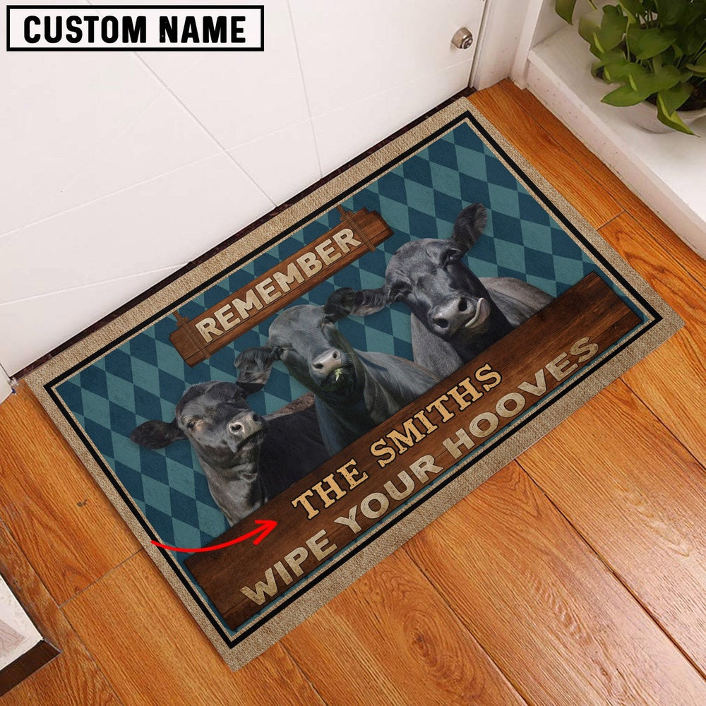 Farm House Door Mat, Black Angus Wipe Your Hooves Custom Name Doormat, Custom Welcome Mats