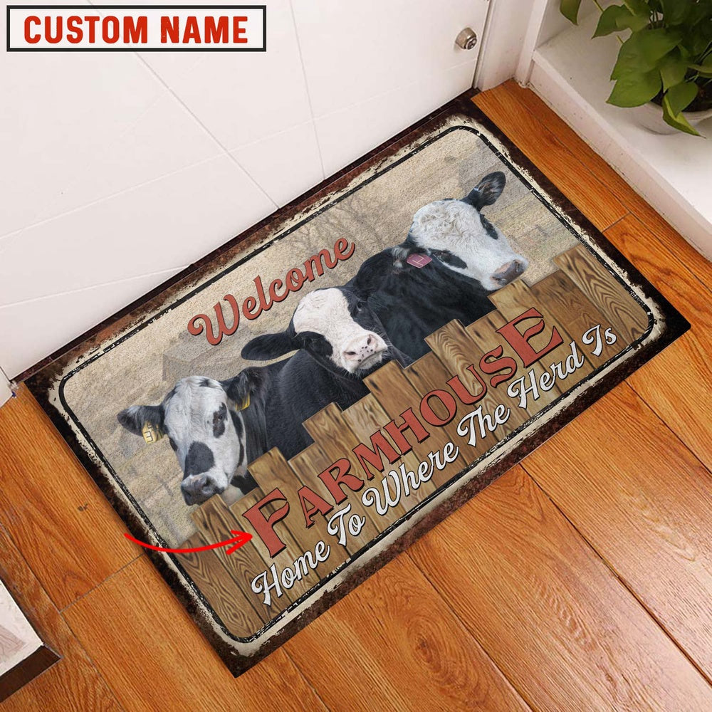 Farm House Door Mat, Black Baldy Custom Name Home To Where The Herd Is FarmHouse Doormat, Custom Welcome Mats