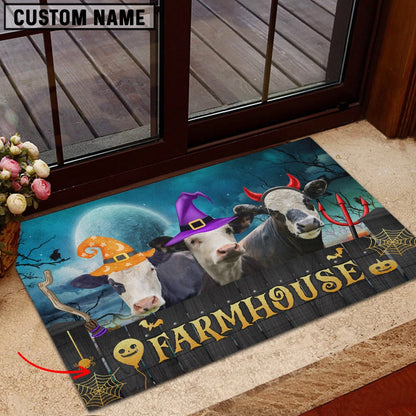 Farm House Door Mat, Black Baldy Farmhouse Halloween Custom Name Doormat, Custom Welcome Mats