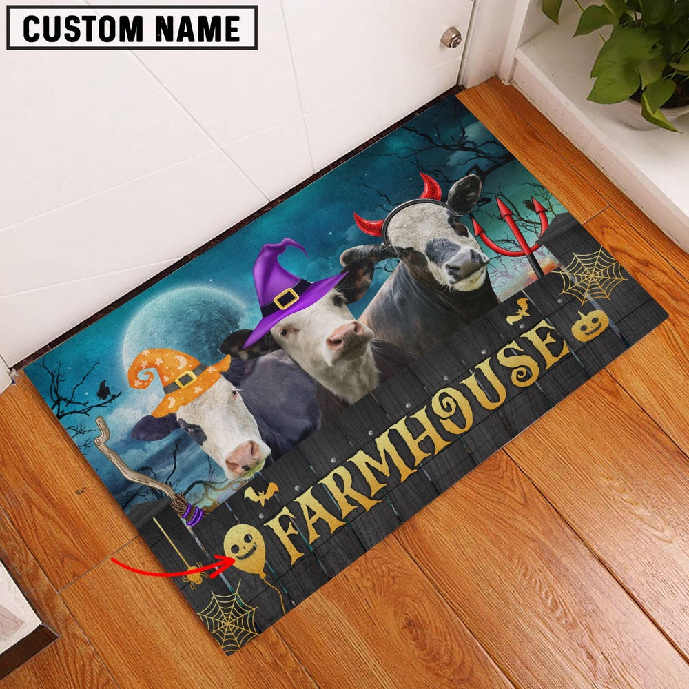 Farm House Door Mat, Black Baldy Farmhouse Halloween Custom Name Doormat, Custom Welcome Mats