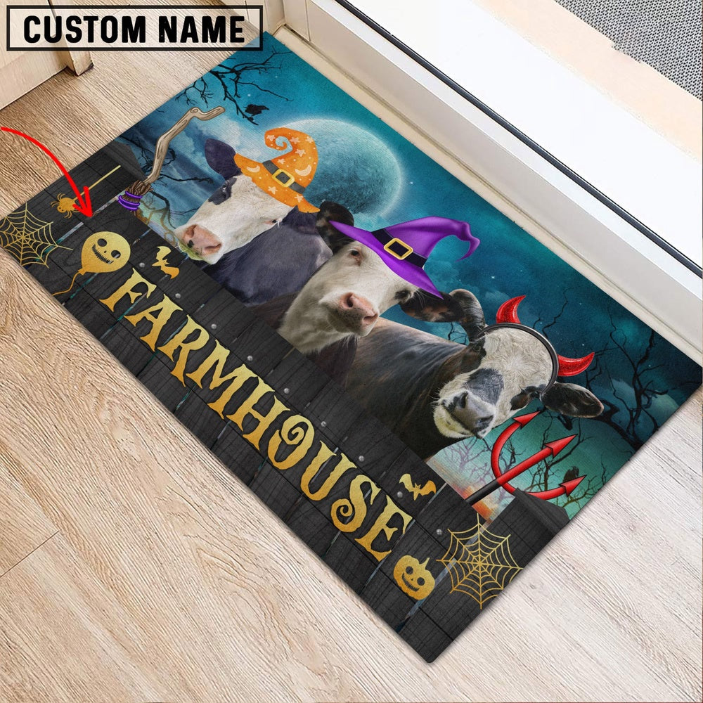Farm House Door Mat, Black Baldy Farmhouse Halloween Custom Name Doormat, Custom Welcome Mats