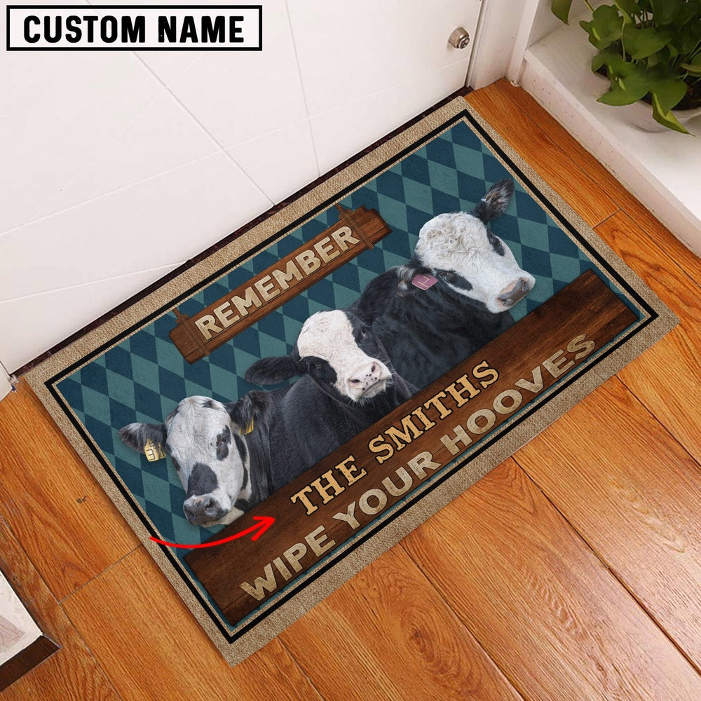 Farm House Door Mat, Black Baldy Wipe Your Hooves Custom Name Doormat, Custom Welcome Mats