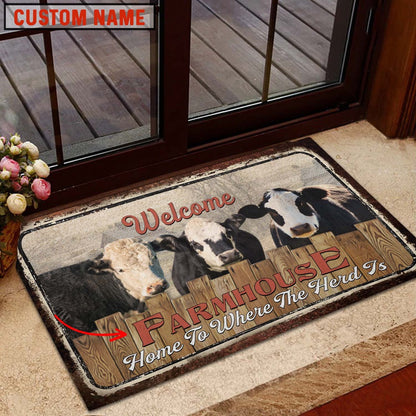 Farm House Door Mat, Black Hereford Welcome Custom Name Doormat, Custom Welcome Mats