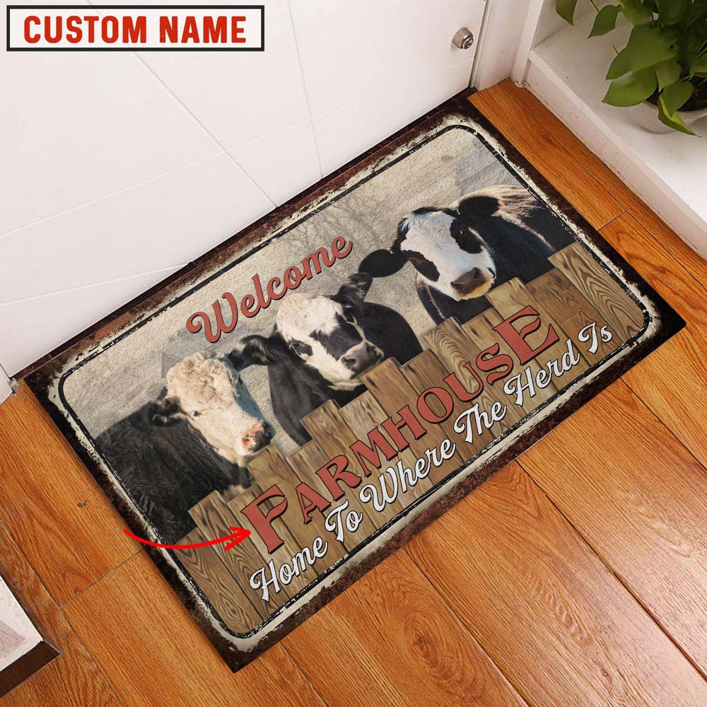 Farm House Door Mat, Black Hereford Welcome Custom Name Doormat, Custom Welcome Mats