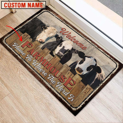Farm House Door Mat, Black Hereford Welcome Custom Name Doormat, Custom Welcome Mats