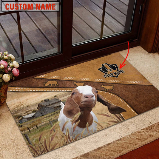 Farm House Door Mat, Boer Goat Personalized Welcome Brown Doormat, Custom Welcome Mats