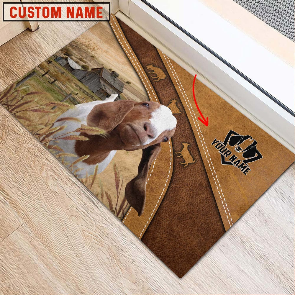 Farm House Door Mat, Boer Goat Personalized Welcome Brown Doormat, Custom Welcome Mats