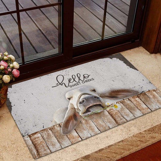 Farm House Door Mat, Brahman Cattle Hello Sweet Checks Doormat, Custom Welcome Mats