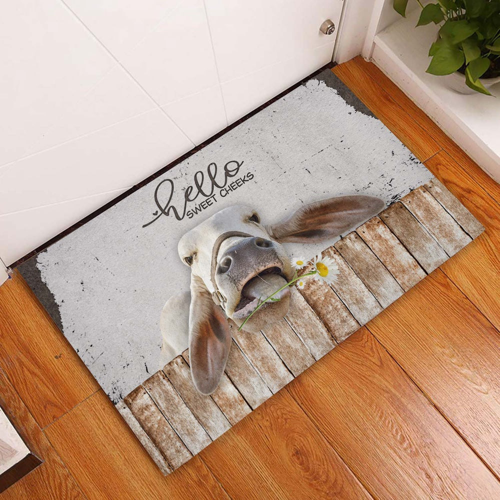 Farm House Door Mat, Brahman Cattle Hello Sweet Checks Doormat, Custom Welcome Mats
