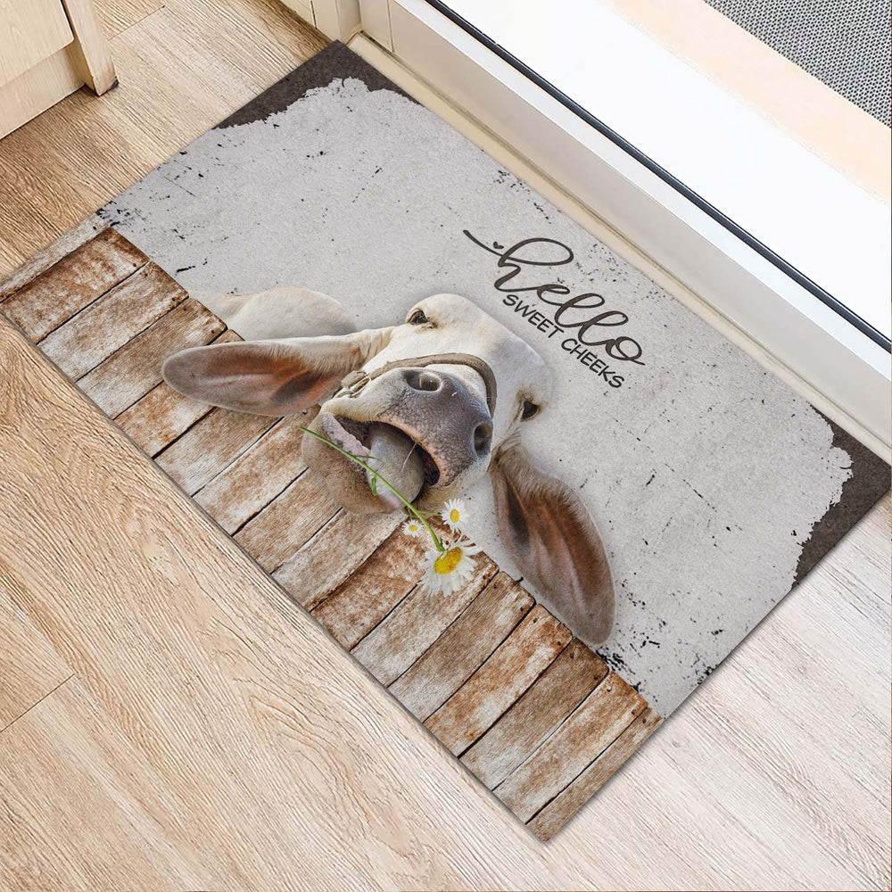 Farm House Door Mat, Brahman Cattle Hello Sweet Checks Doormat, Custom Welcome Mats