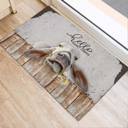 Farm House Door Mat, Brahman Cattle Hello Sweet Checks Doormat, Custom Welcome Mats