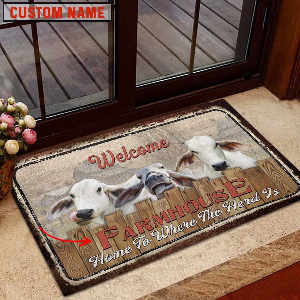 Farm House Door Mat, Brahman Custom Name Home To Where The Herd Is FarmHouse Doormat, Custom Welcome Mats
