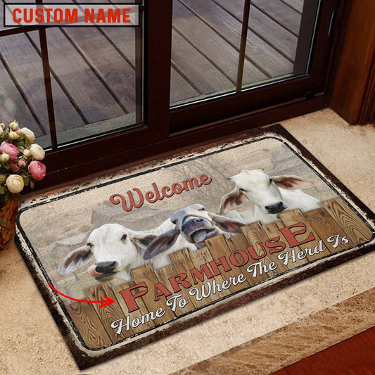 Farm House Door Mat, Brahman Custom Name Home To Where The Herd Is FarmHouse Doormat, Custom Welcome Mats