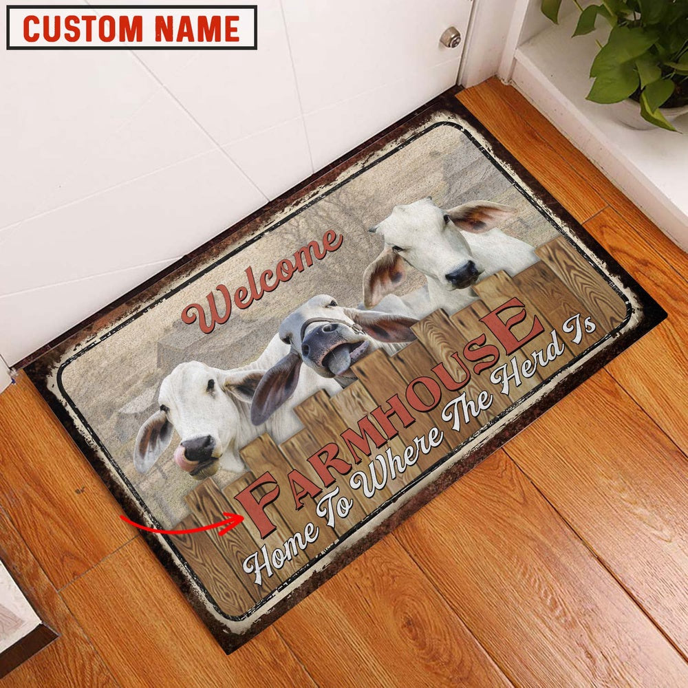 Farm House Door Mat, Brahman Custom Name Home To Where The Herd Is FarmHouse Doormat, Custom Welcome Mats