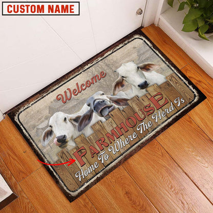 Farm House Door Mat, Brahman Custom Name Home To Where The Herd Is FarmHouse Doormat, Custom Welcome Mats