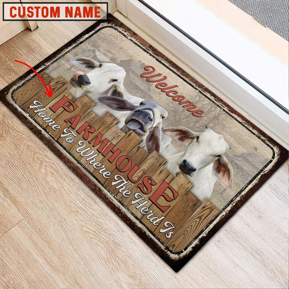 Farm House Door Mat, Brahman Custom Name Home To Where The Herd Is FarmHouse Doormat, Custom Welcome Mats