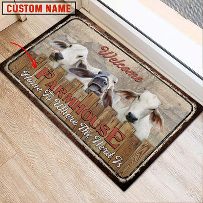 Farm House Door Mat, Brahman Custom Name Home To Where The Herd Is FarmHouse Doormat, Custom Welcome Mats