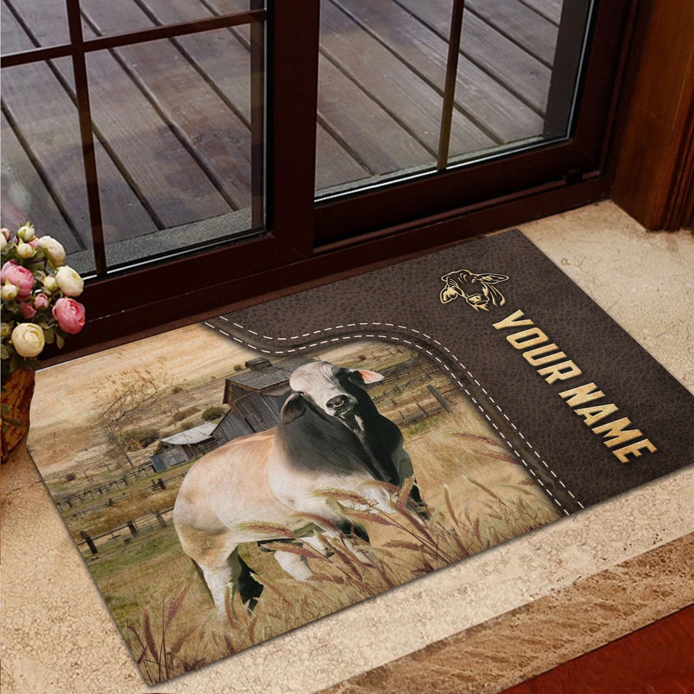 Farm House Door Mat, Brahman Custom Name Leather Pattern Doormat, Custom Welcome Mats
