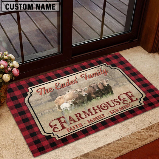Farm House Door Mat, Braunvieh Faith Family Farming Custom Name Doormat, Custom Welcome Mats