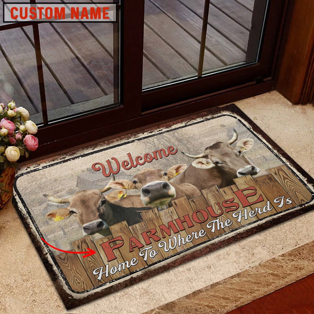 Farm House Door Mat, Brown Swiss Custom Name Home To Where The Herd Is FarmHouse Doormat, Custom Welcome Mats