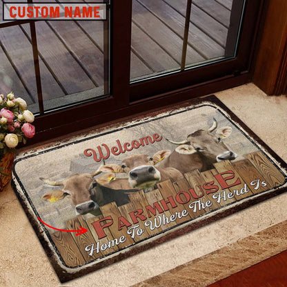 Farm House Door Mat, Brown Swiss Custom Name Home To Where The Herd Is FarmHouse Doormat, Custom Welcome Mats