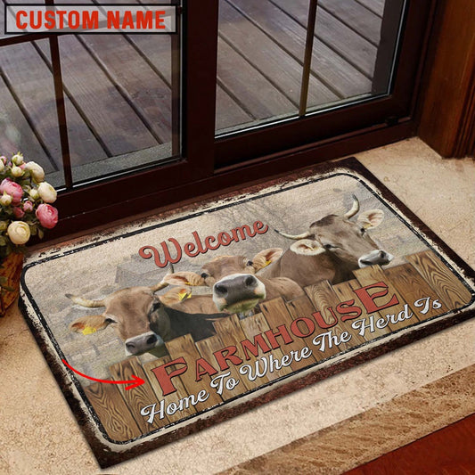 Farm House Door Mat, Brown Swiss Custom Name Home To Where The Herd Is FarmHouse Doormat, Custom Welcome Mats