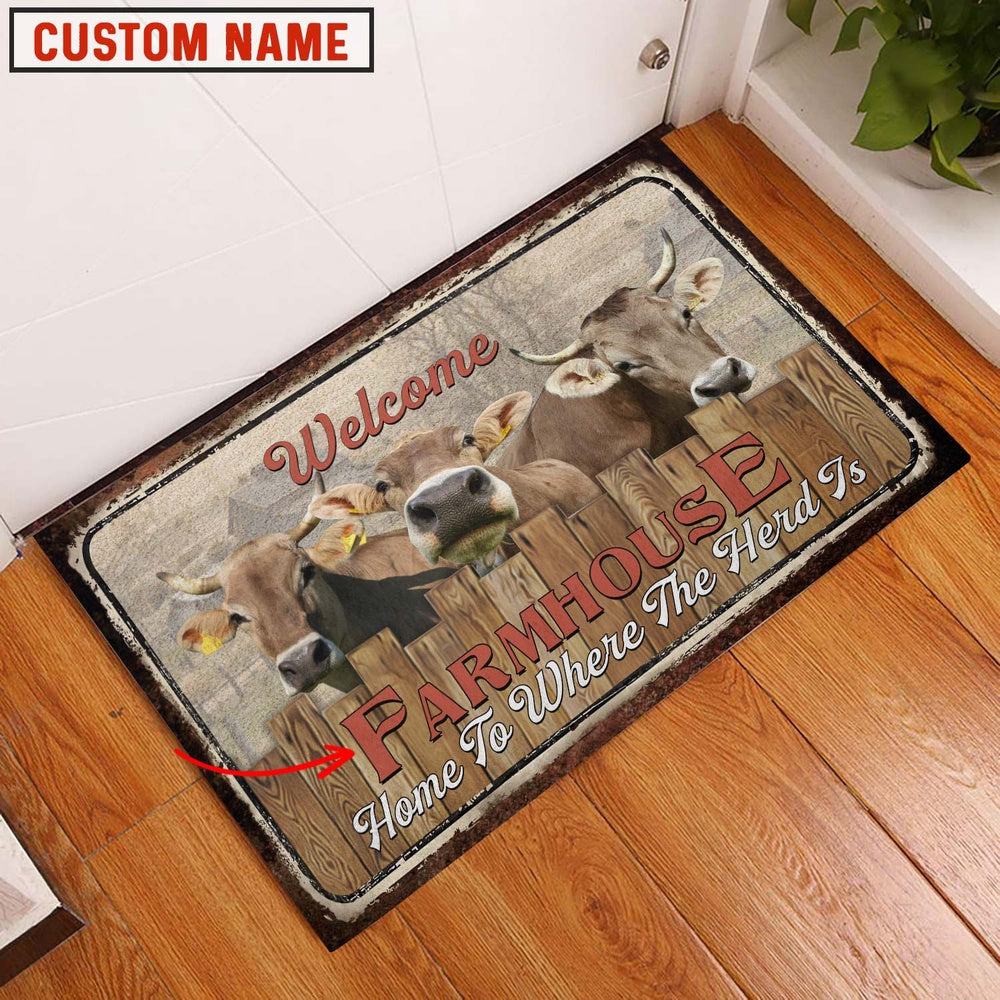 Farm House Door Mat, Brown Swiss Custom Name Home To Where The Herd Is FarmHouse Doormat, Custom Welcome Mats