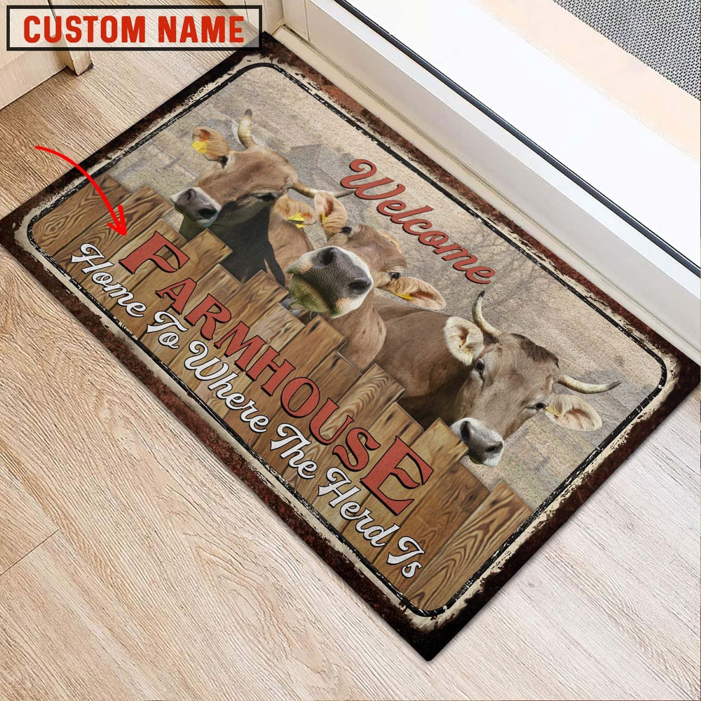 Farm House Door Mat, Brown Swiss Custom Name Home To Where The Herd Is FarmHouse Doormat, Custom Welcome Mats