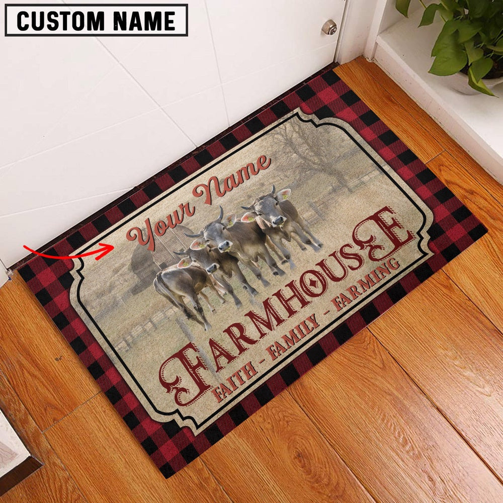 Farm House Door Mat, Brown Swiss Faith Family Farming Custom Name Doormat, Custom Welcome Mats