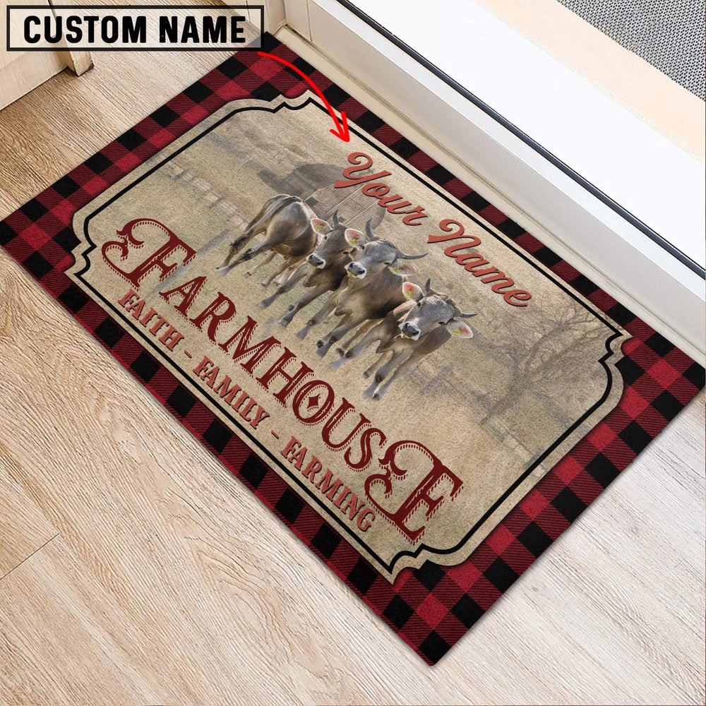 Farm House Door Mat, Brown Swiss Faith Family Farming Custom Name Doormat, Custom Welcome Mats