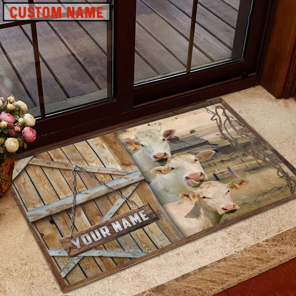 Farm House Door Mat, Charolais Barn Custom Name Doormat, Custom Welcome Mats