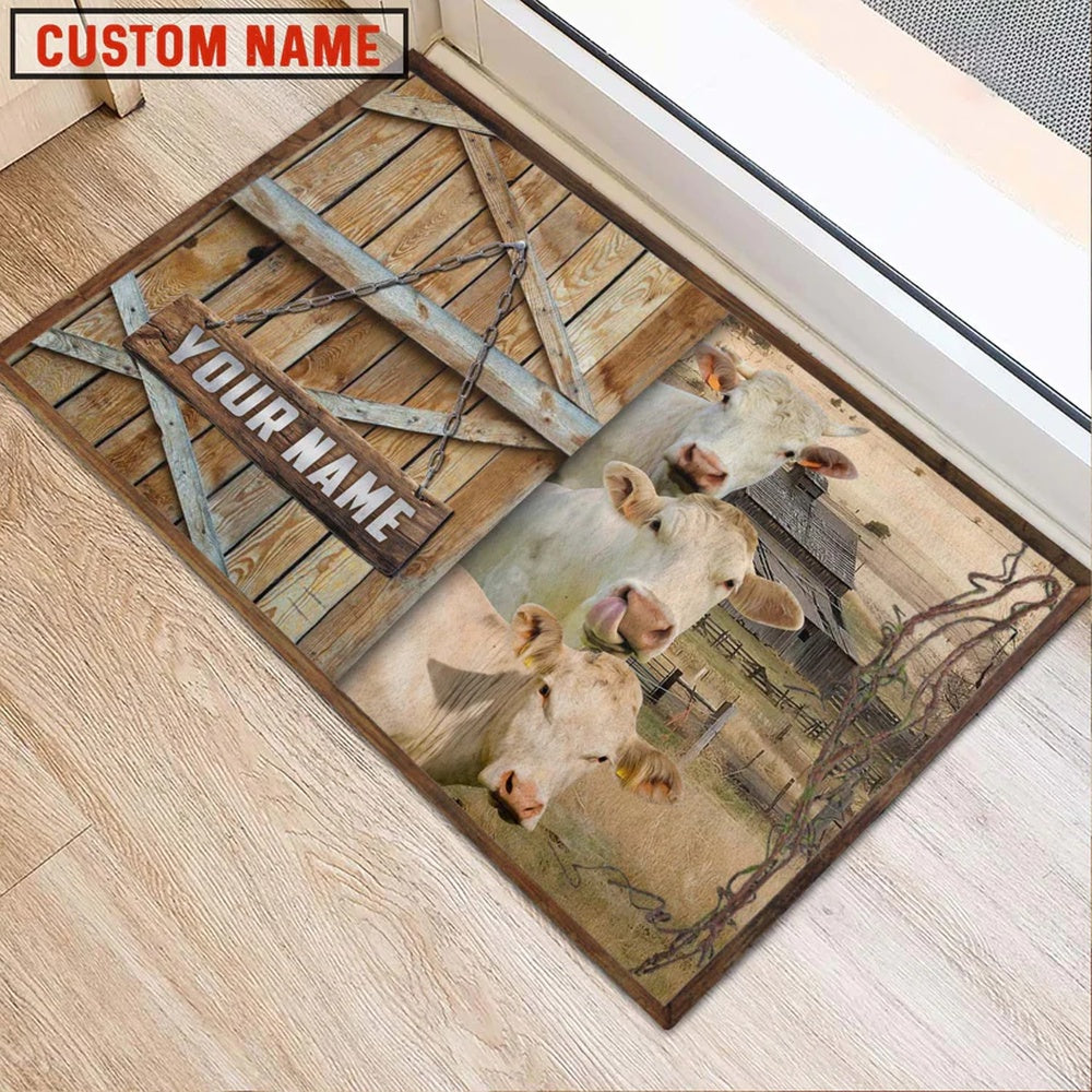 Farm House Door Mat, Charolais Barn Custom Name Doormat, Custom Welcome Mats