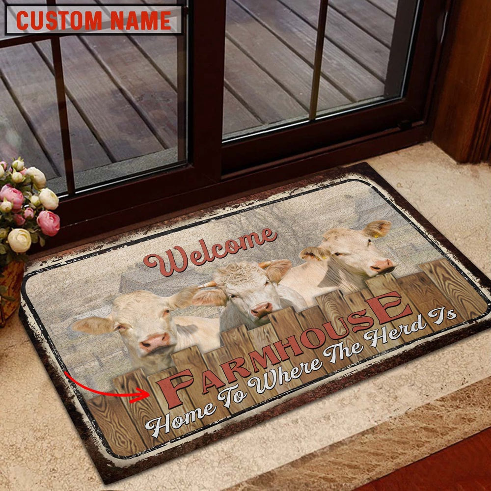Farm House Door Mat, Charolais Custom Name Home To Where The Herd Is FarmHouse Doormat, Custom Welcome Mats