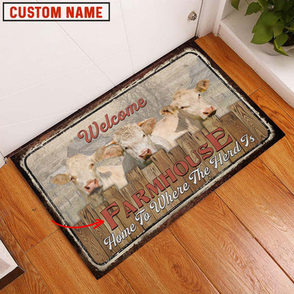 Farm House Door Mat, Charolais Custom Name Home To Where The Herd Is FarmHouse Doormat, Custom Welcome Mats