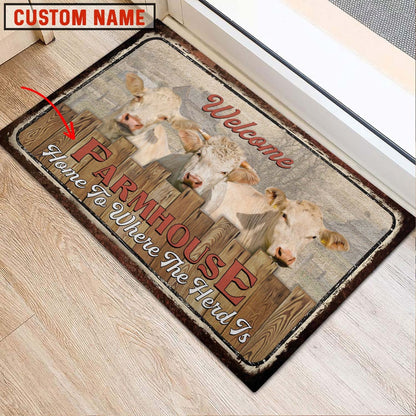 Farm House Door Mat, Charolais Custom Name Home To Where The Herd Is FarmHouse Doormat, Custom Welcome Mats