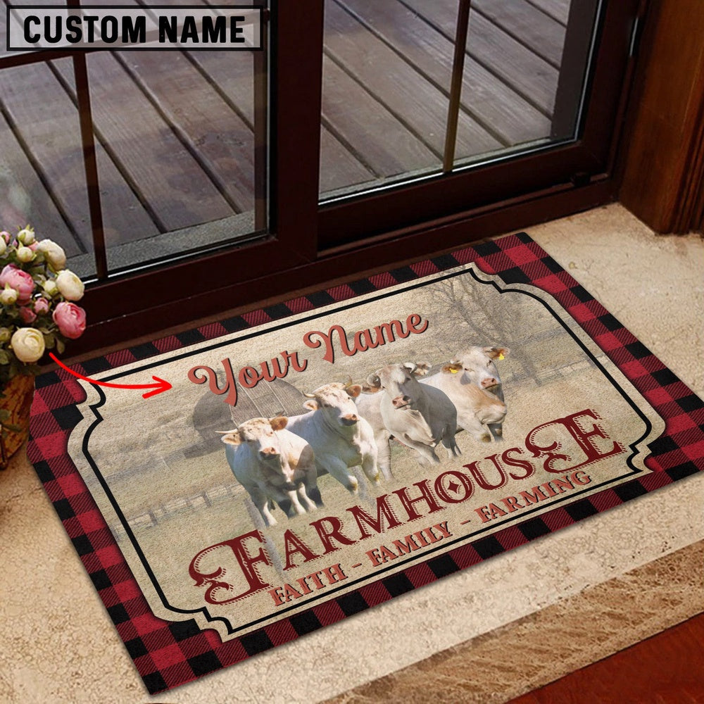 Farm House Door Mat, Charolais Faith Family Farming Custom Name Doormat, Custom Welcome Mats
