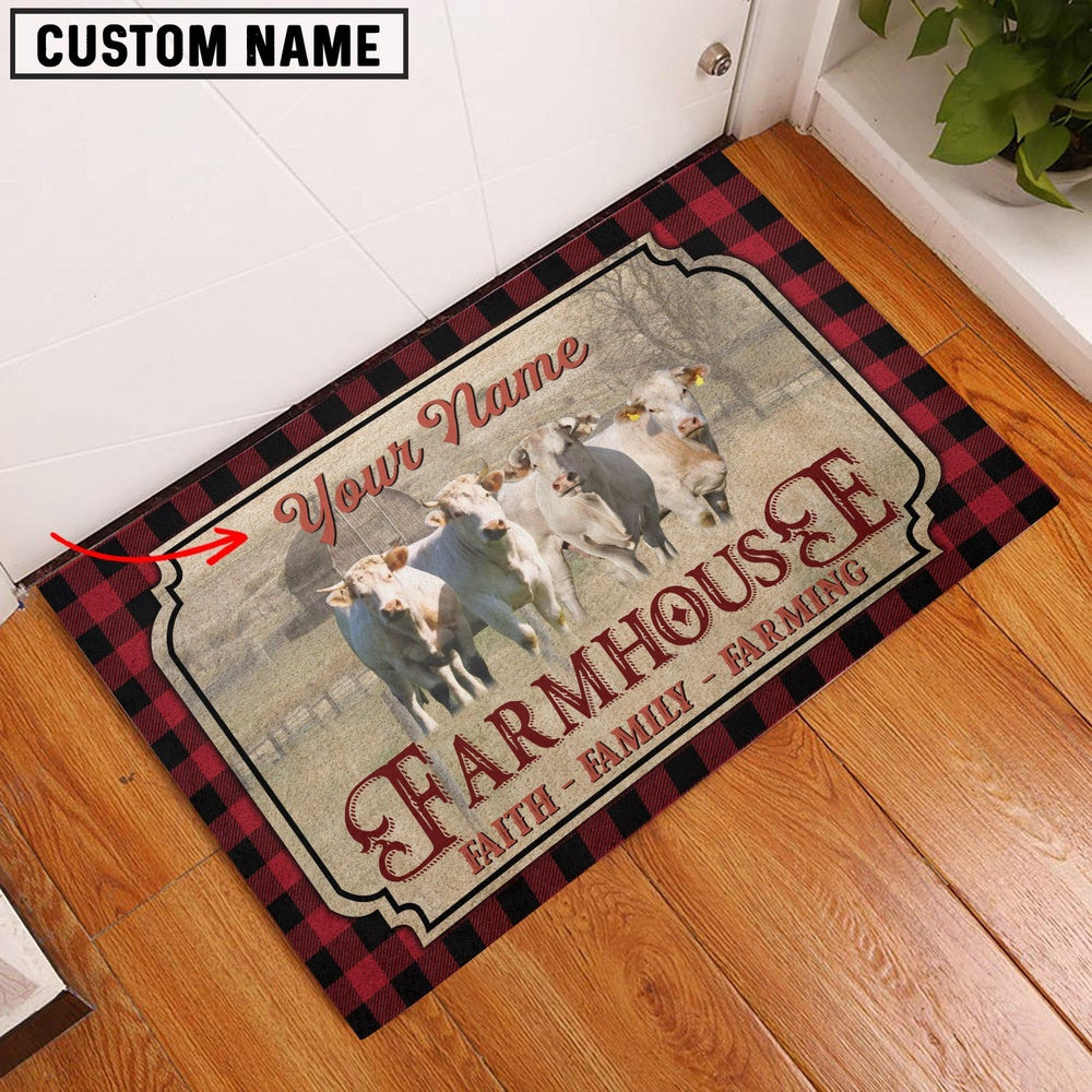 Farm House Door Mat, Charolais Faith Family Farming Custom Name Doormat, Custom Welcome Mats