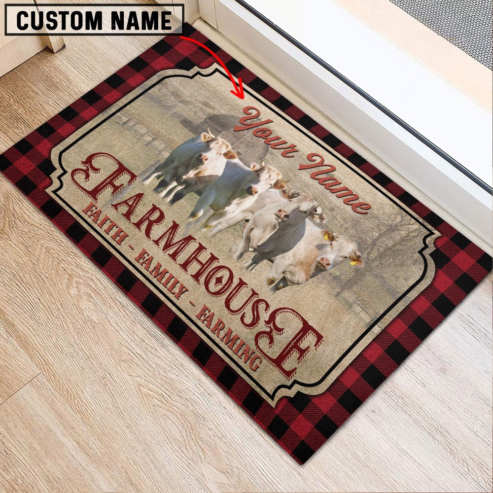 Farm House Door Mat, Charolais Faith Family Farming Custom Name Doormat, Custom Welcome Mats