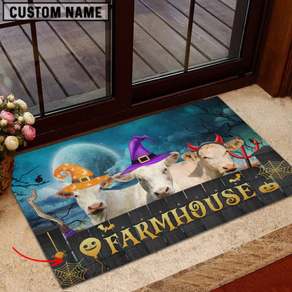 Farm House Door Mat, Charolais Farmhouse Halloween Custom Name Doormat, Custom Welcome Mats