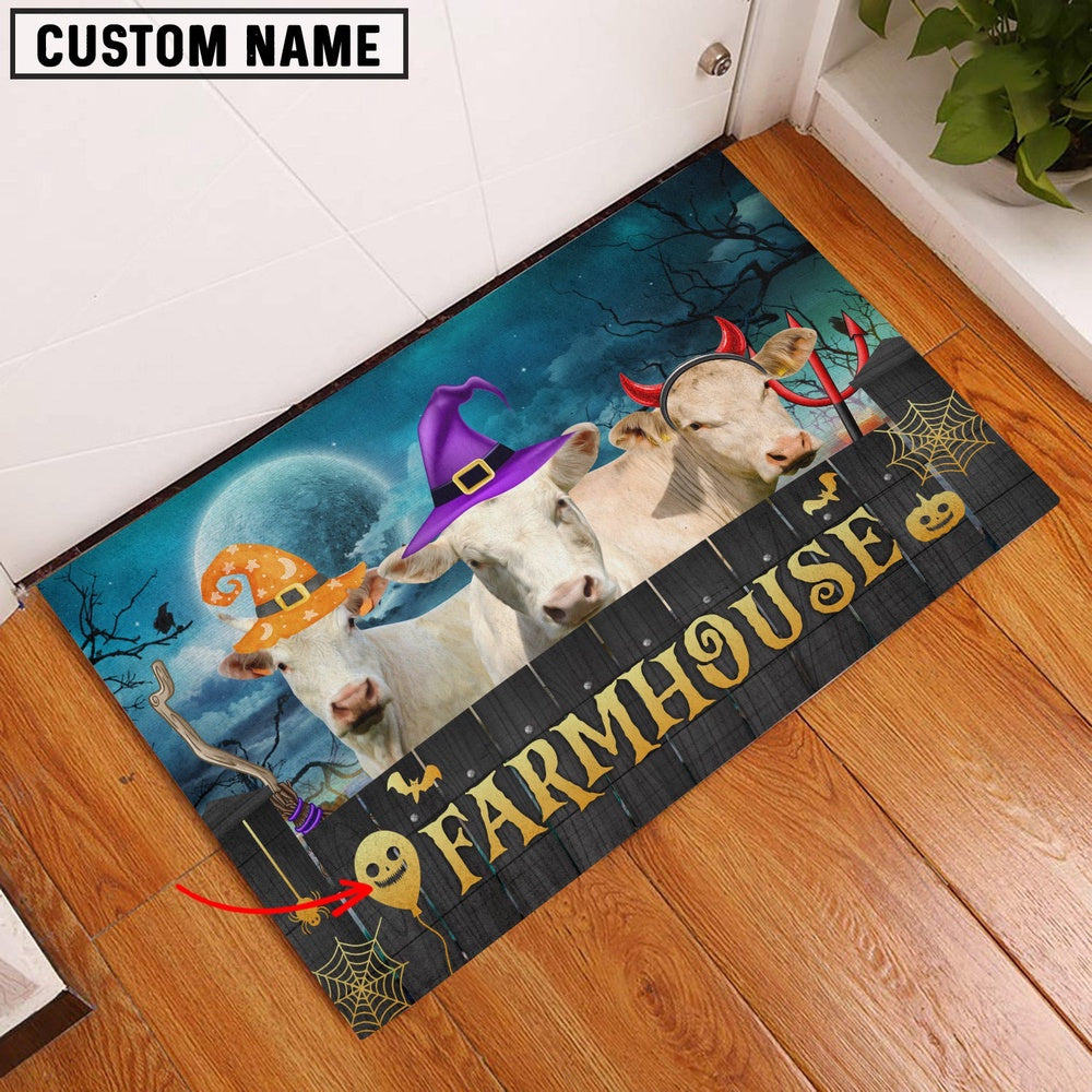 Farm House Door Mat, Charolais Farmhouse Halloween Custom Name Doormat, Custom Welcome Mats