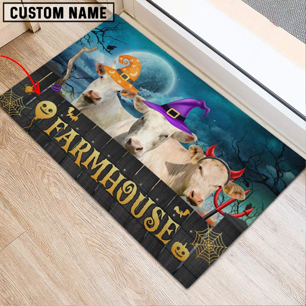 Farm House Door Mat, Charolais Farmhouse Halloween Custom Name Doormat, Custom Welcome Mats